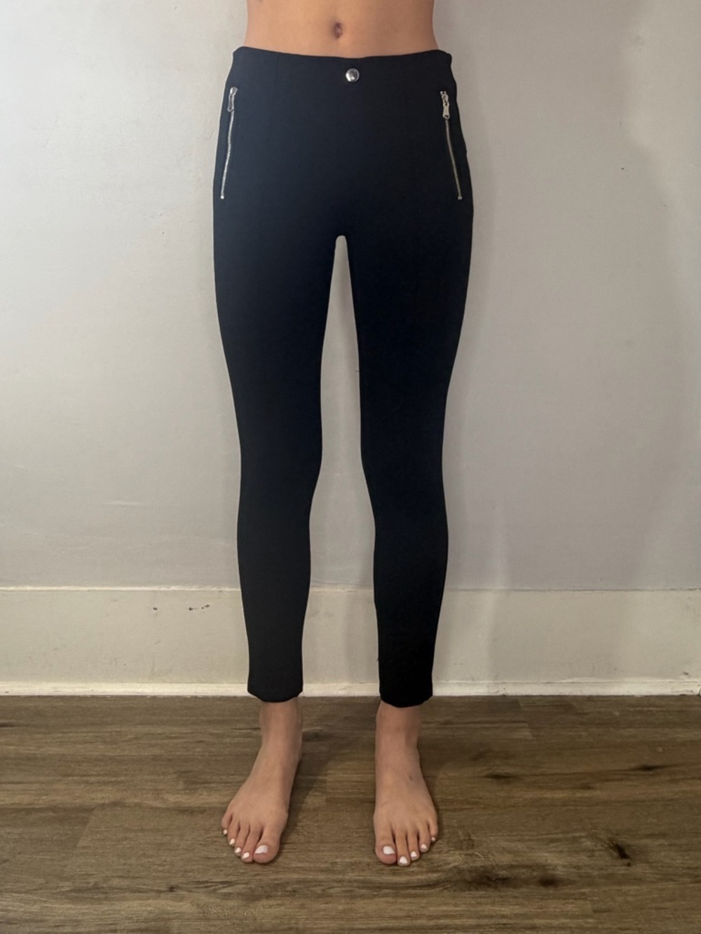 Zara Basic Black Slim Zip-Detail Leggings Trousers Side Zip